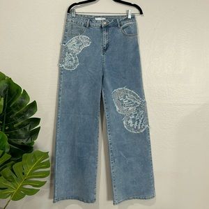Boutique Butterfly Embroidered Embellished Wide Leg Jeans Size large
